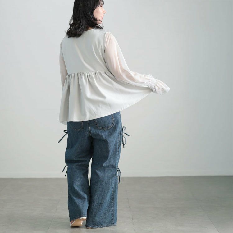 大きいサイズ レディース サイドリボンワイドデニムパンツ