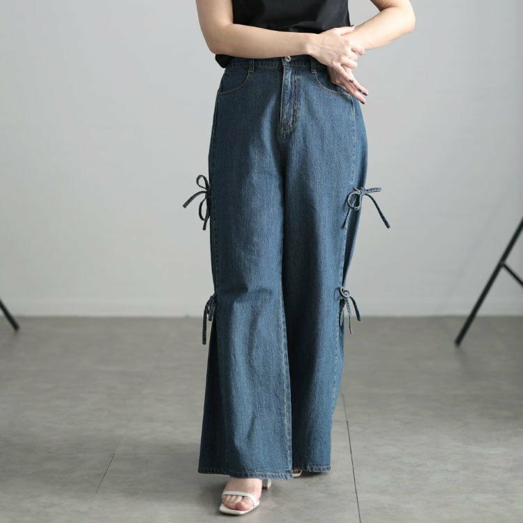 大きいサイズ レディース サイドリボンワイドデニムパンツ ネイビー