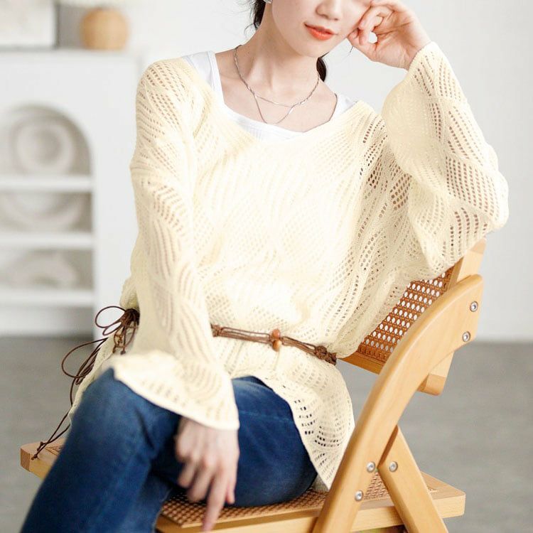 大きいサイズ レディース 紐ベルト付き透かし編みアシメニット