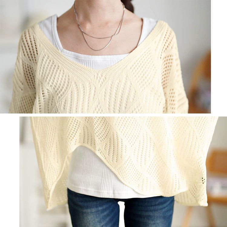 大きいサイズ レディース 紐ベルト付き透かし編みアシメニット