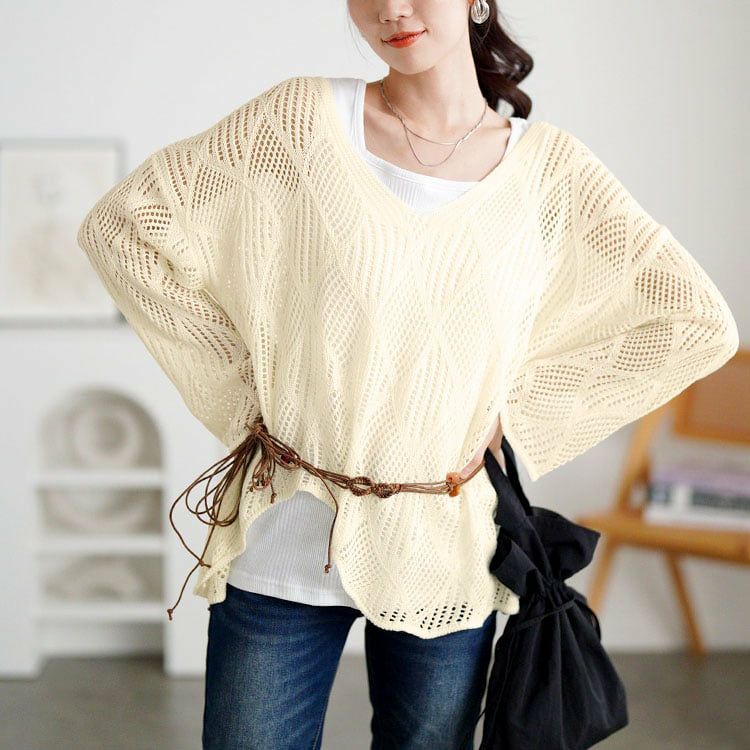 大きいサイズ レディース 紐ベルト付き透かし編みアシメニット