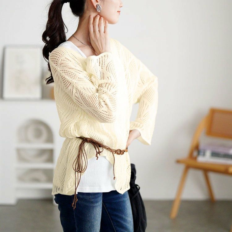 大きいサイズ レディース 紐ベルト付き透かし編みアシメニット
