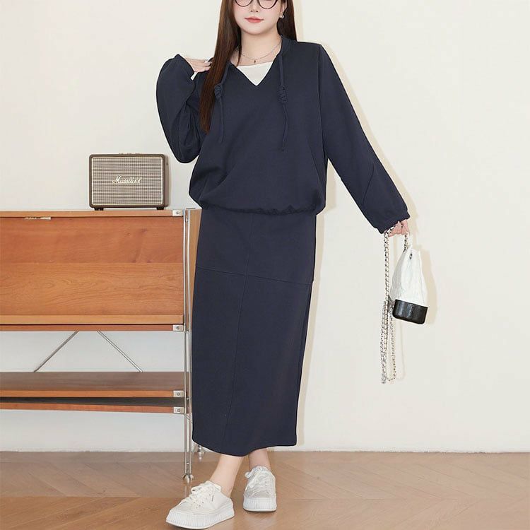 大きいサイズ レディース リボン付きキーネックトップス＆ロングスカート