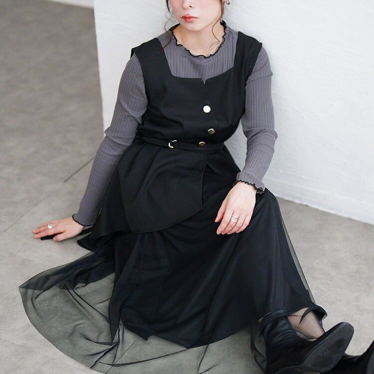 大きいサイズ レディース アシメ異素材ノースリーブワンピース