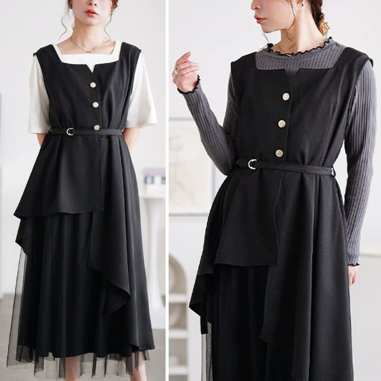 大きいサイズ レディース アシメ異素材ノースリーブワンピース