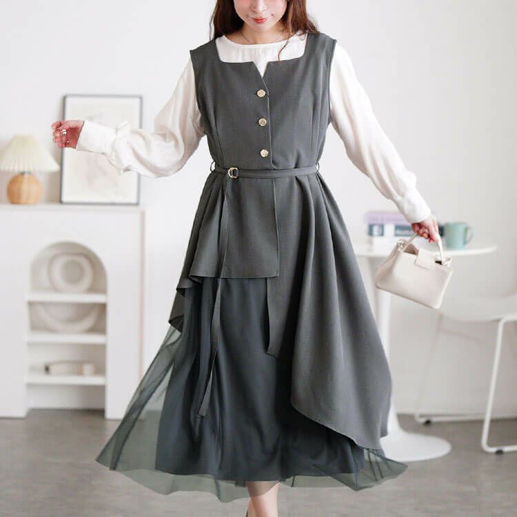 大きいサイズ レディース アシメ異素材ノースリーブワンピース