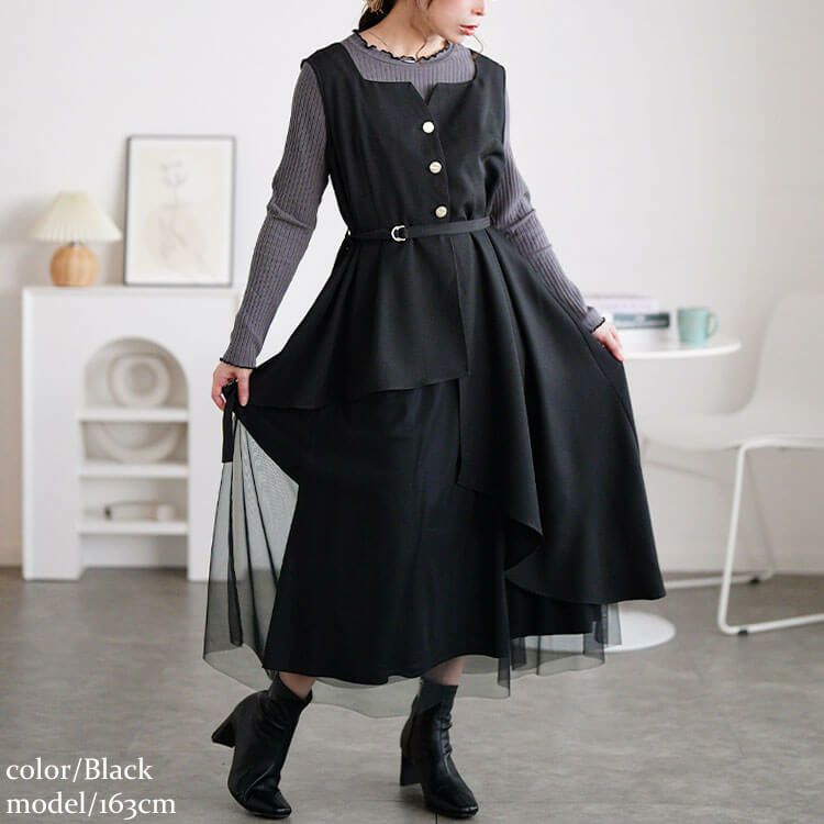 大きいサイズ レディース アシメ異素材ノースリーブワンピース tana