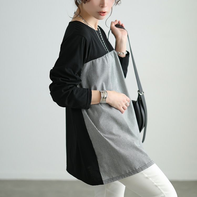 大きいサイズ レディース ストライプ柄切り替えチュニック
