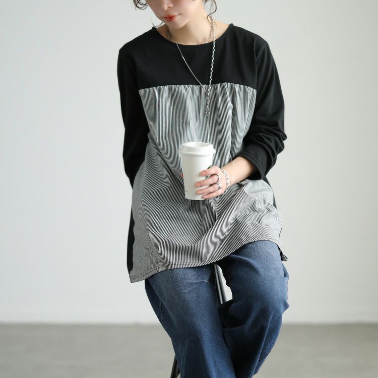 大きいサイズ レディース ストライプ柄切り替えチュニック