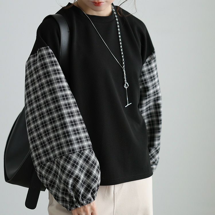 大きいサイズ レディース チェック柄切り替え異素材プルオーバー