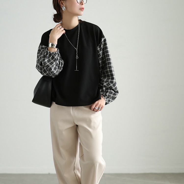 大きいサイズ レディース チェック柄切り替え異素材プルオーバー cast