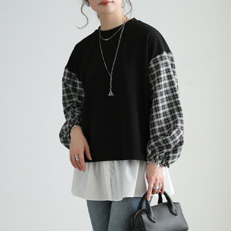 大きいサイズ レディース チェック柄切り替え異素材プルオーバー cast