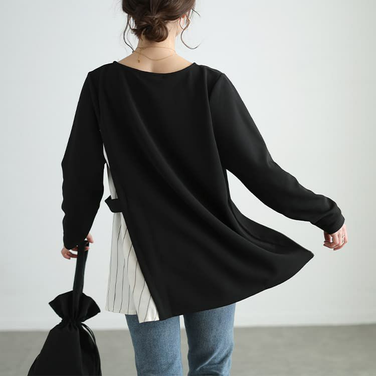 大きいサイズ レディース ストライプ切り替えアシンメトリーチュニック