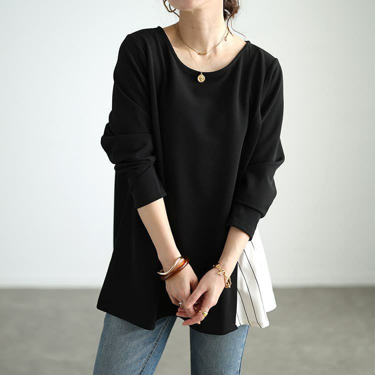 大きいサイズ レディース ストライプ切り替えアシンメトリーチュニック