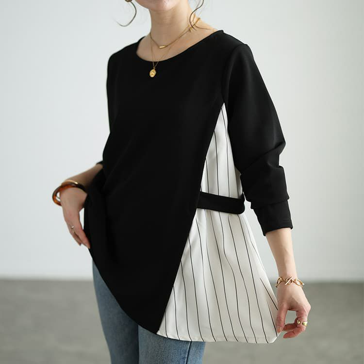 大きいサイズ レディース ストライプ切り替えアシンメトリーチュニック ブラック