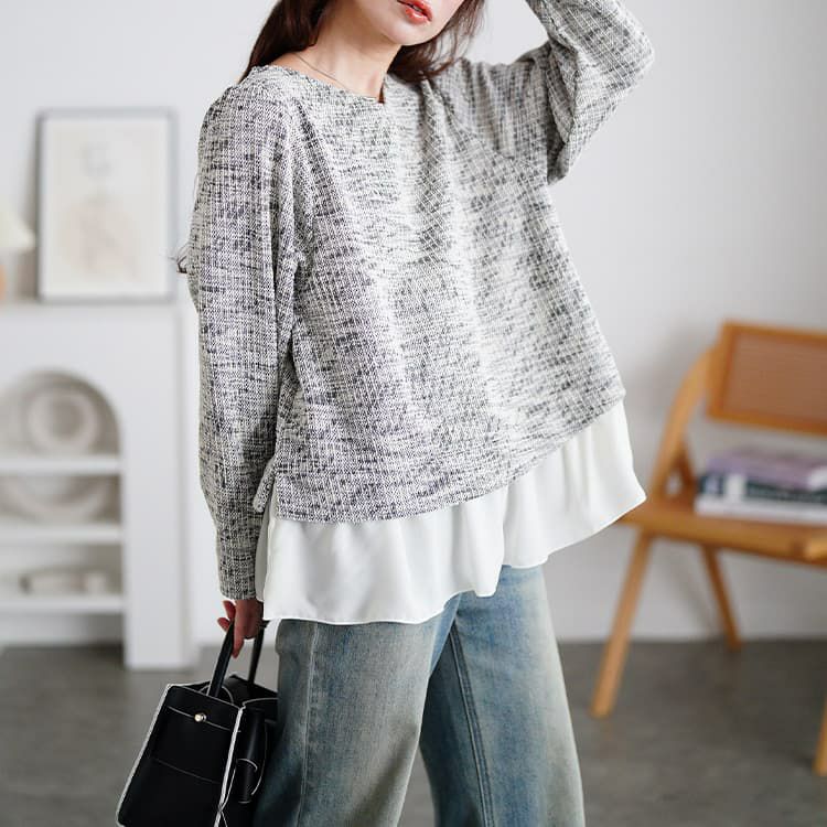 大きいサイズ レディース ツイードフェイクレイヤードプルオーバー