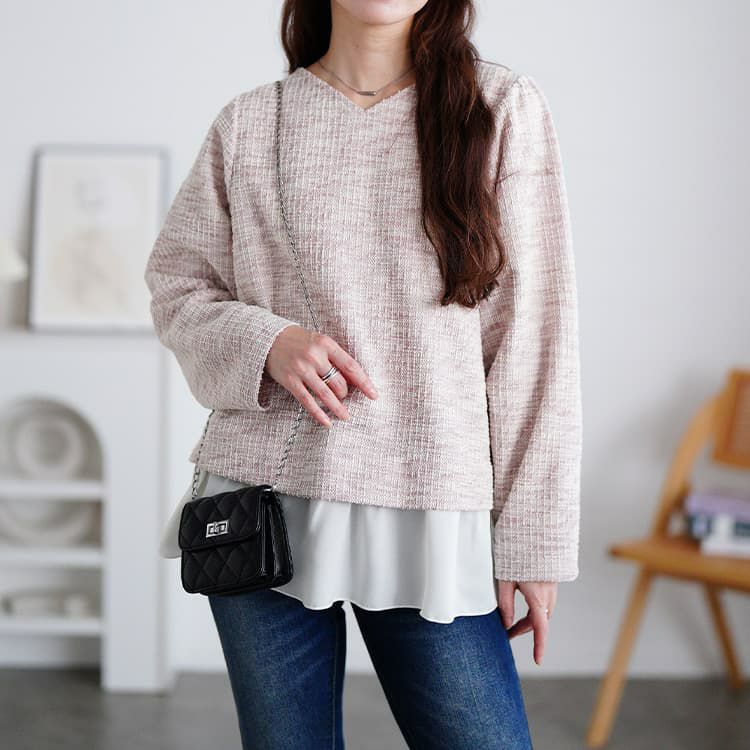 大きいサイズ レディース ツイードフェイクレイヤードプルオーバー