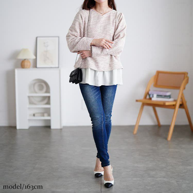 大きいサイズ レディース ツイードフェイクレイヤードプルオーバー