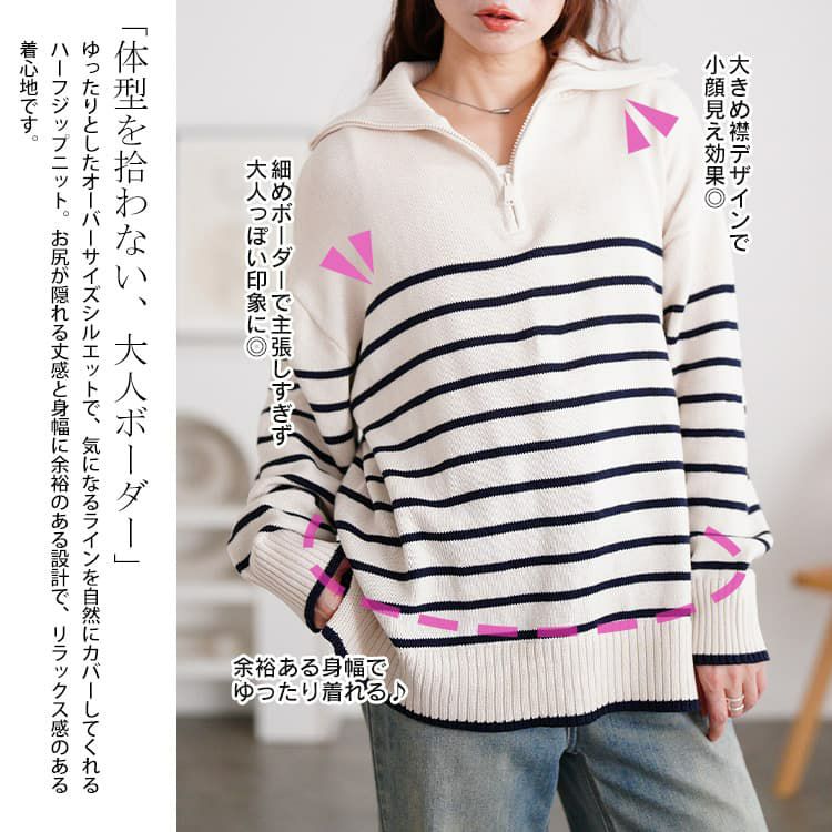 大きいサイズ レディース パネルボーダーハーフZIPニット
