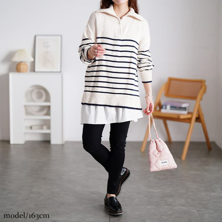 大きいサイズ レディース パネルボーダーハーフZIPニット