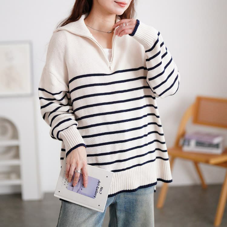 大きいサイズ レディース パネルボーダーハーフZIPニット