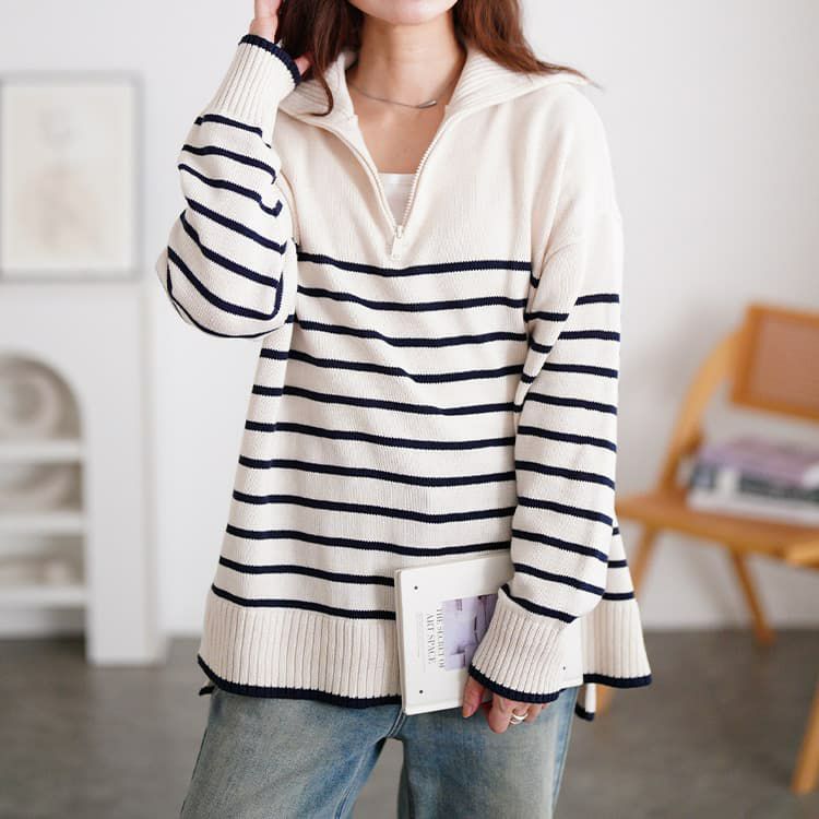 大きいサイズ レディース パネルボーダーハーフZIPニット