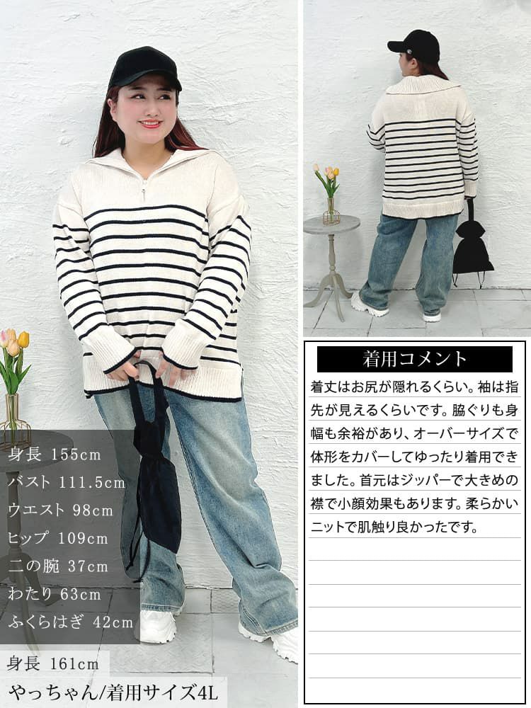 大きいサイズ レディース パネルボーダーハーフZIPニット