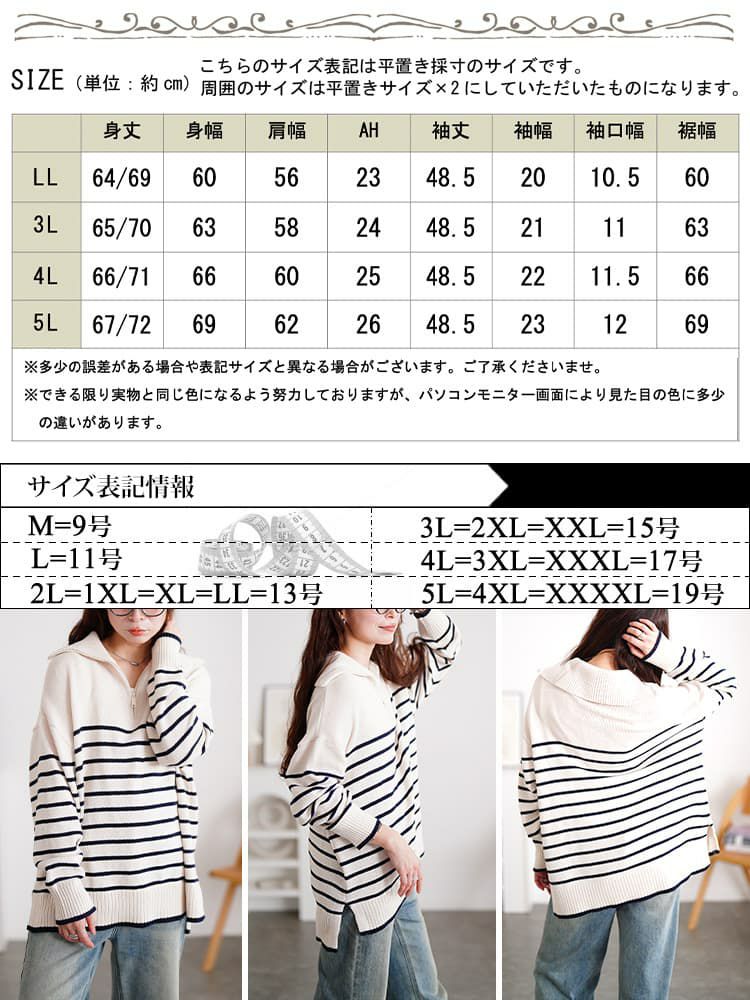 大きいサイズ レディース パネルボーダーハーフZIPニット