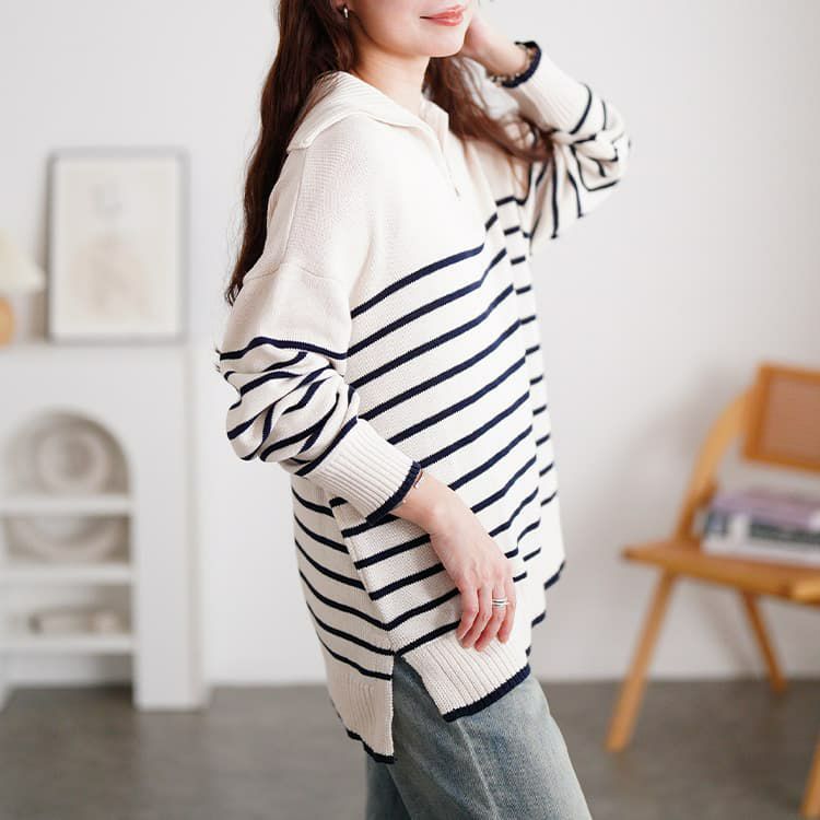 大きいサイズ レディース パネルボーダーハーフZIPニット アイボリー