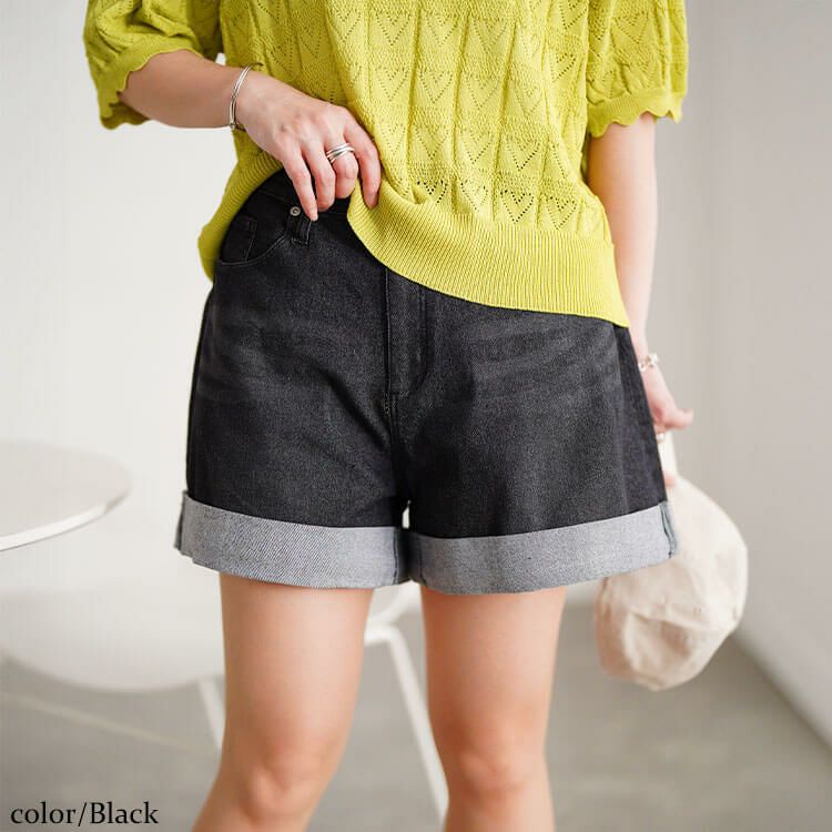 大きいサイズ レディース ストレッチデニムショートパンツ ブラック