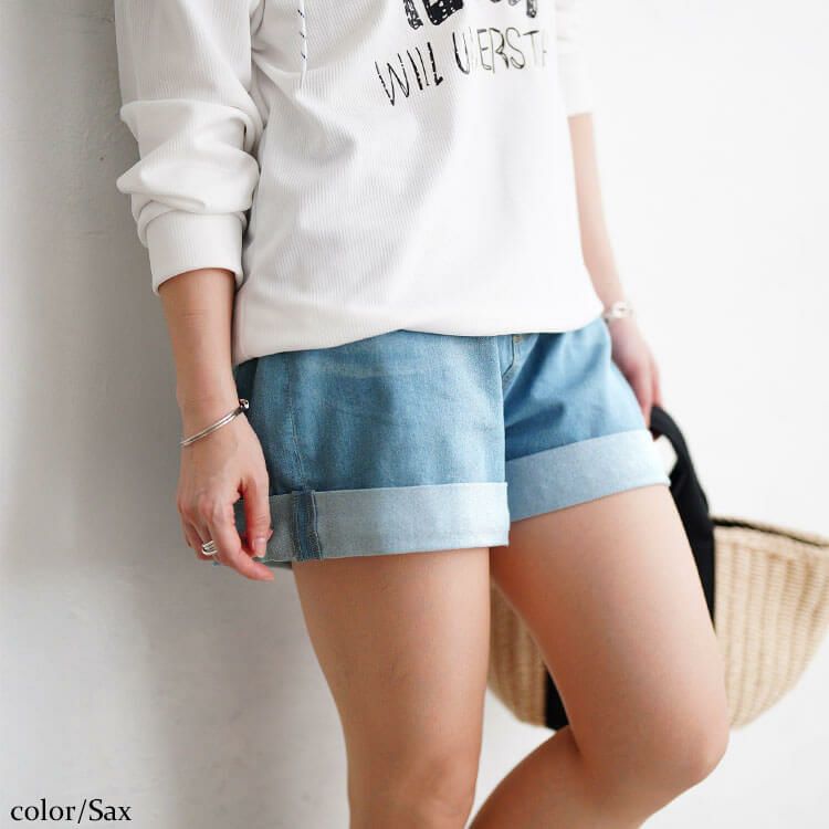 大きいサイズ レディース ストレッチデニムショートパンツ サックス