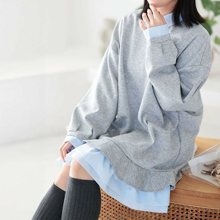 大きいサイズ レディース シャツレイヤードダンボールスウェットミニワンピース