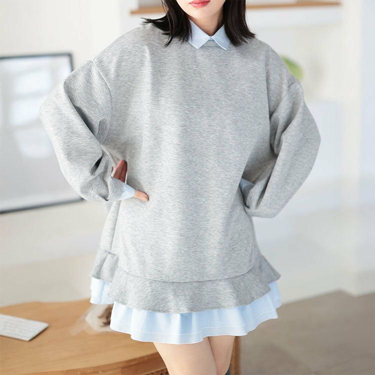 大きいサイズ レディース シャツレイヤードダンボールスウェットミニワンピース