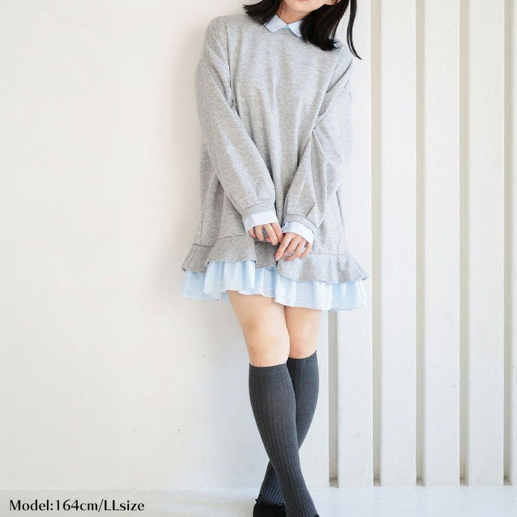 大きいサイズ レディース シャツレイヤードダンボールスウェットミニワンピース