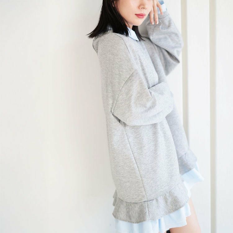 大きいサイズ レディース シャツレイヤードダンボールスウェットミニワンピース