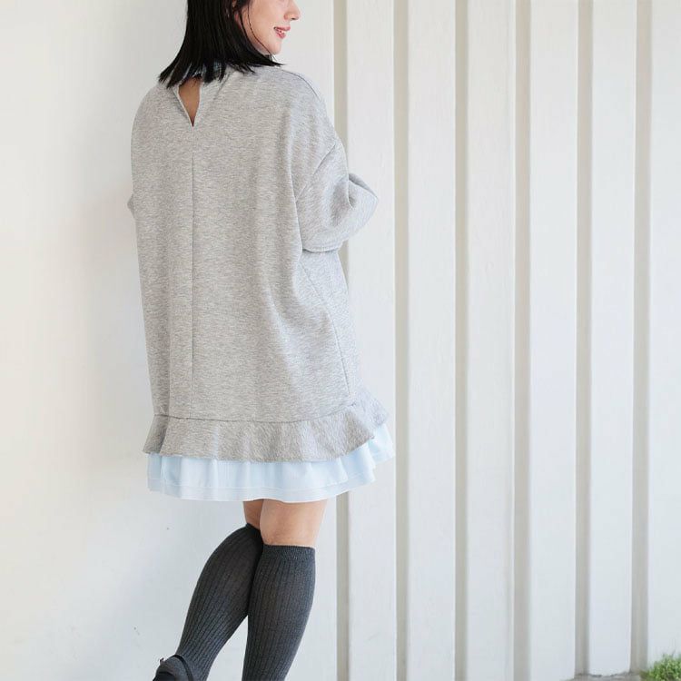 大きいサイズ レディース シャツレイヤードダンボールスウェットミニワンピース