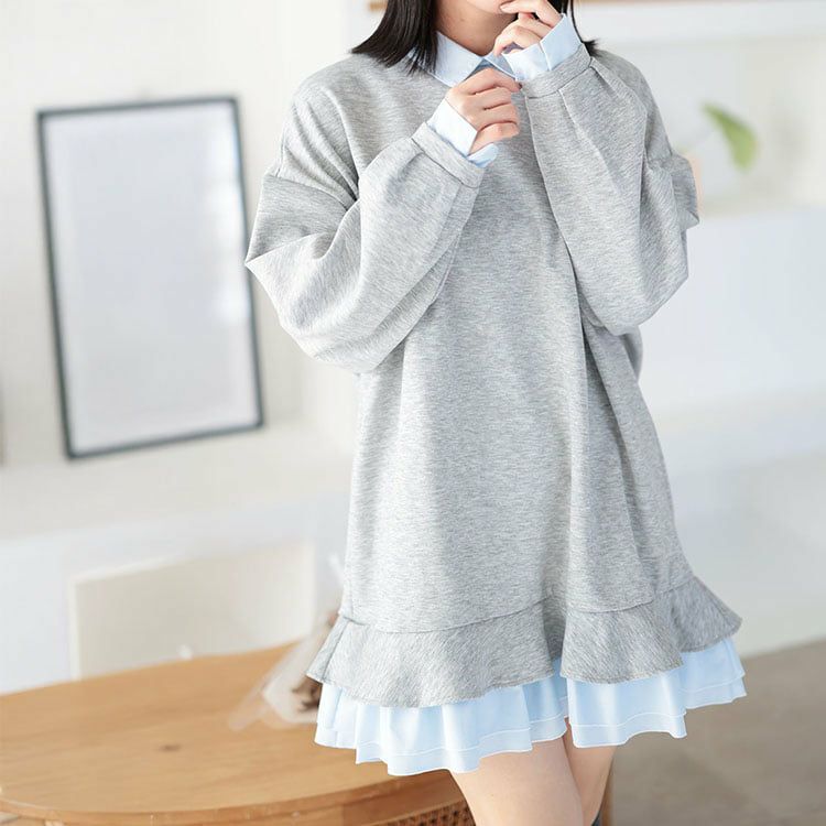 大きいサイズ レディース シャツレイヤードダンボールスウェットミニワンピース