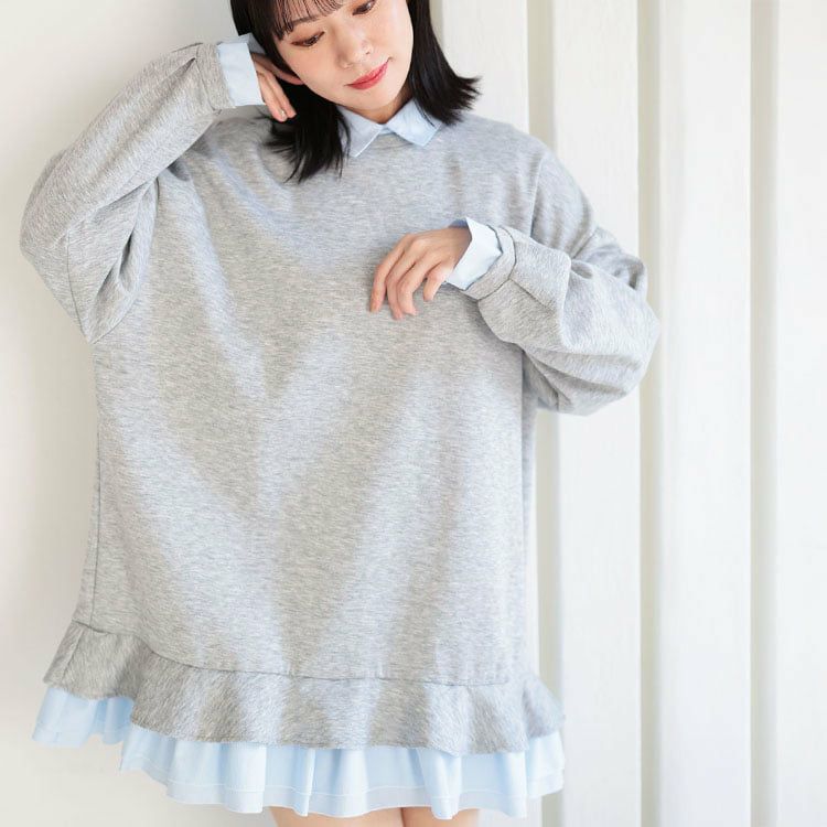 大きいサイズ レディース シャツレイヤードダンボールスウェットミニワンピース