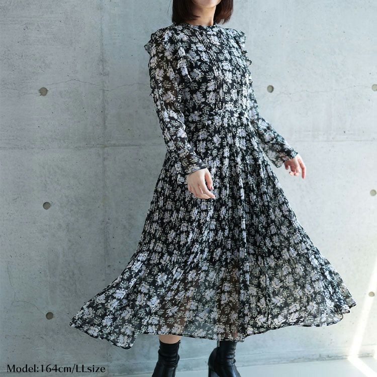 大きいサイズ レディース 花柄シフォンワンピース