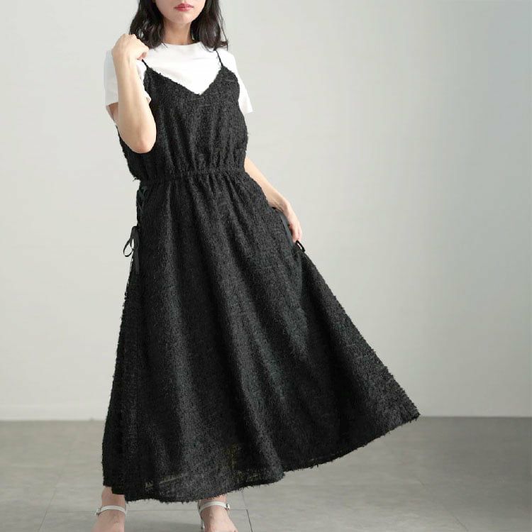 大きいサイズ レディース シャギー調サイドリボンキャミワンピース ブラック