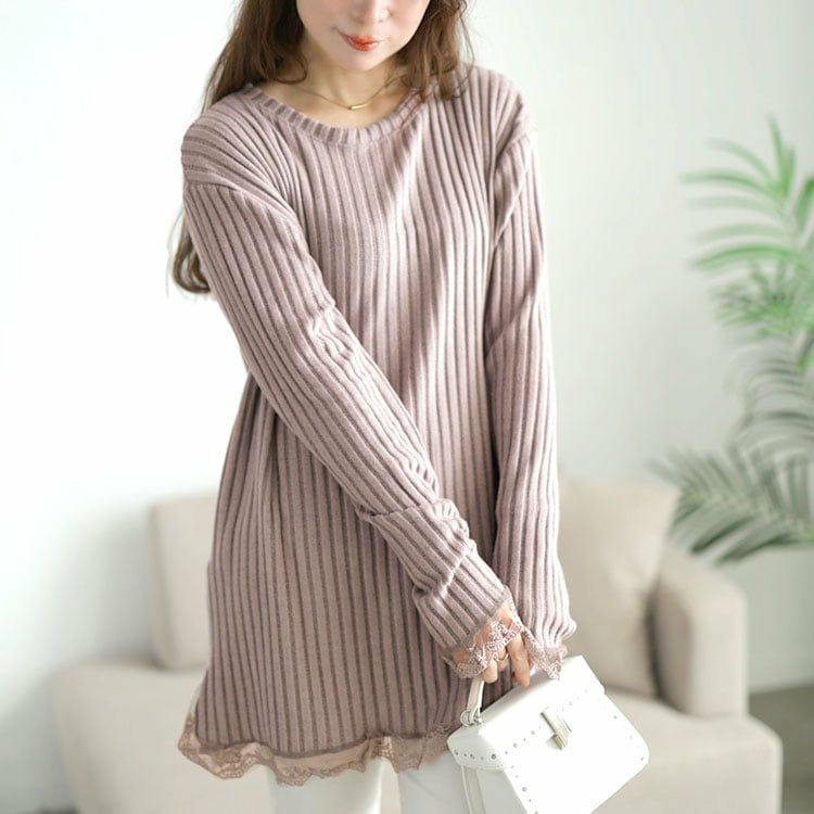 大きいサイズ レディース 裾レースリブチュニック