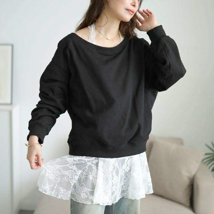 大きいサイズ レディース オフショルスウェット＆ホルターネックレースインナーセット ブラック