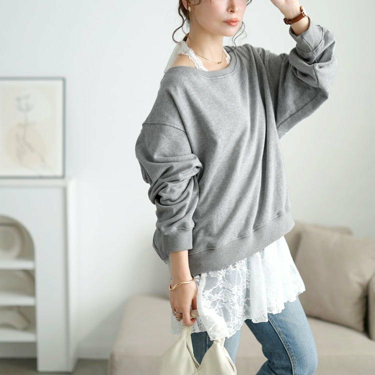 大きいサイズ レディース オフショルスウェット＆ホルターネックレースインナーセット グレー