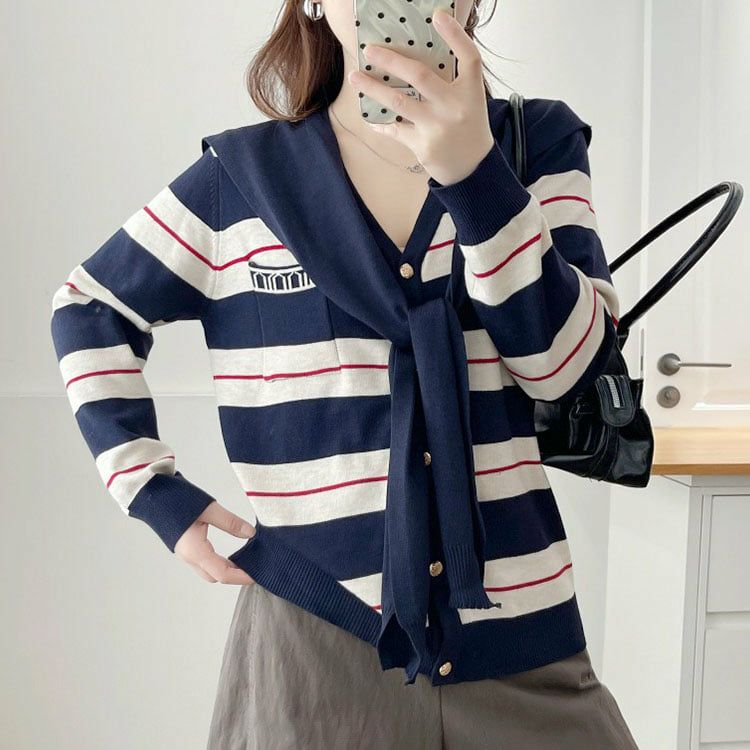 大きいサイズ レディース セーラーストール付きマルチボーダーカーディガン