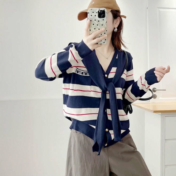 大きいサイズ レディース セーラーストール付きマルチボーダーカーディガン