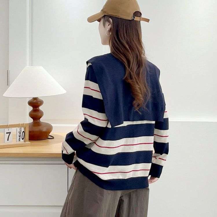 大きいサイズ レディース セーラーストール付きマルチボーダーカーディガン