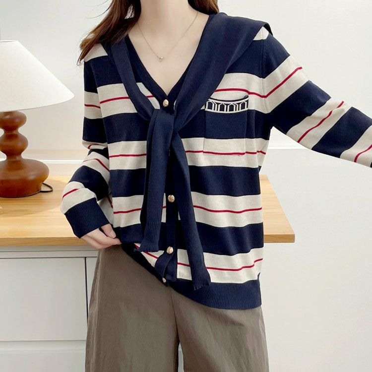 大きいサイズ レディース セーラーストール付きマルチボーダーカーディガン