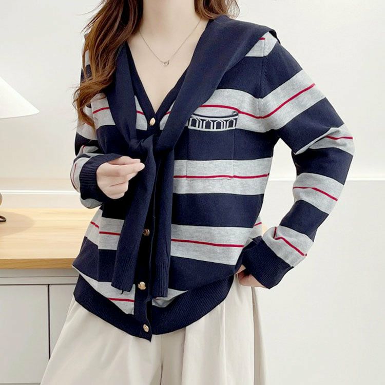 大きいサイズ レディース セーラーストール付きマルチボーダーカーディガン
