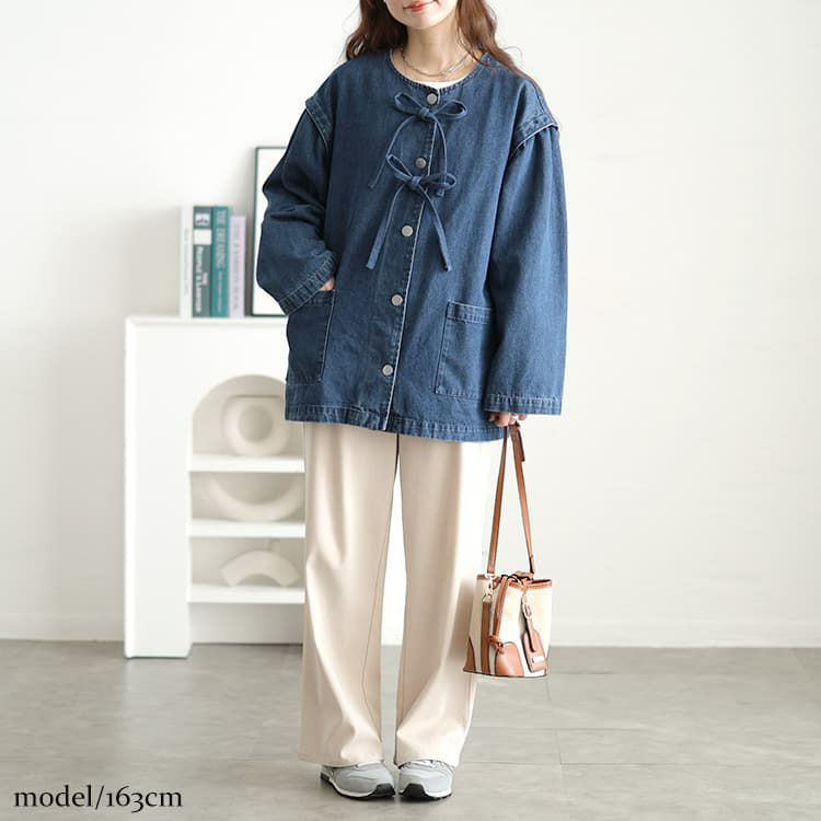 大きいサイズ レディース リボン使いルーズデニムジャケット