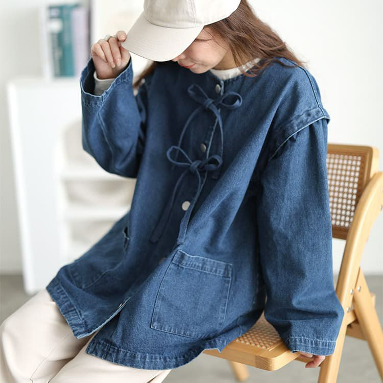大きいサイズ レディース リボン使いルーズデニムジャケット